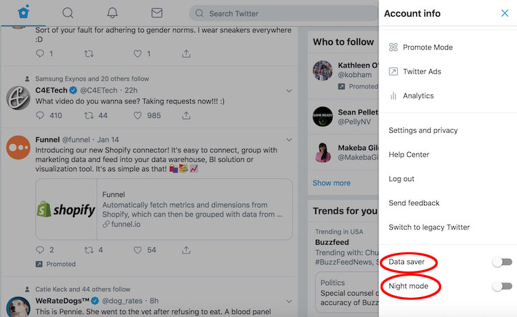 How to access data saver and night mode on new Twitter