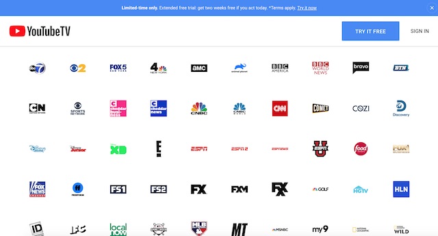 YouTube TV free trial channels